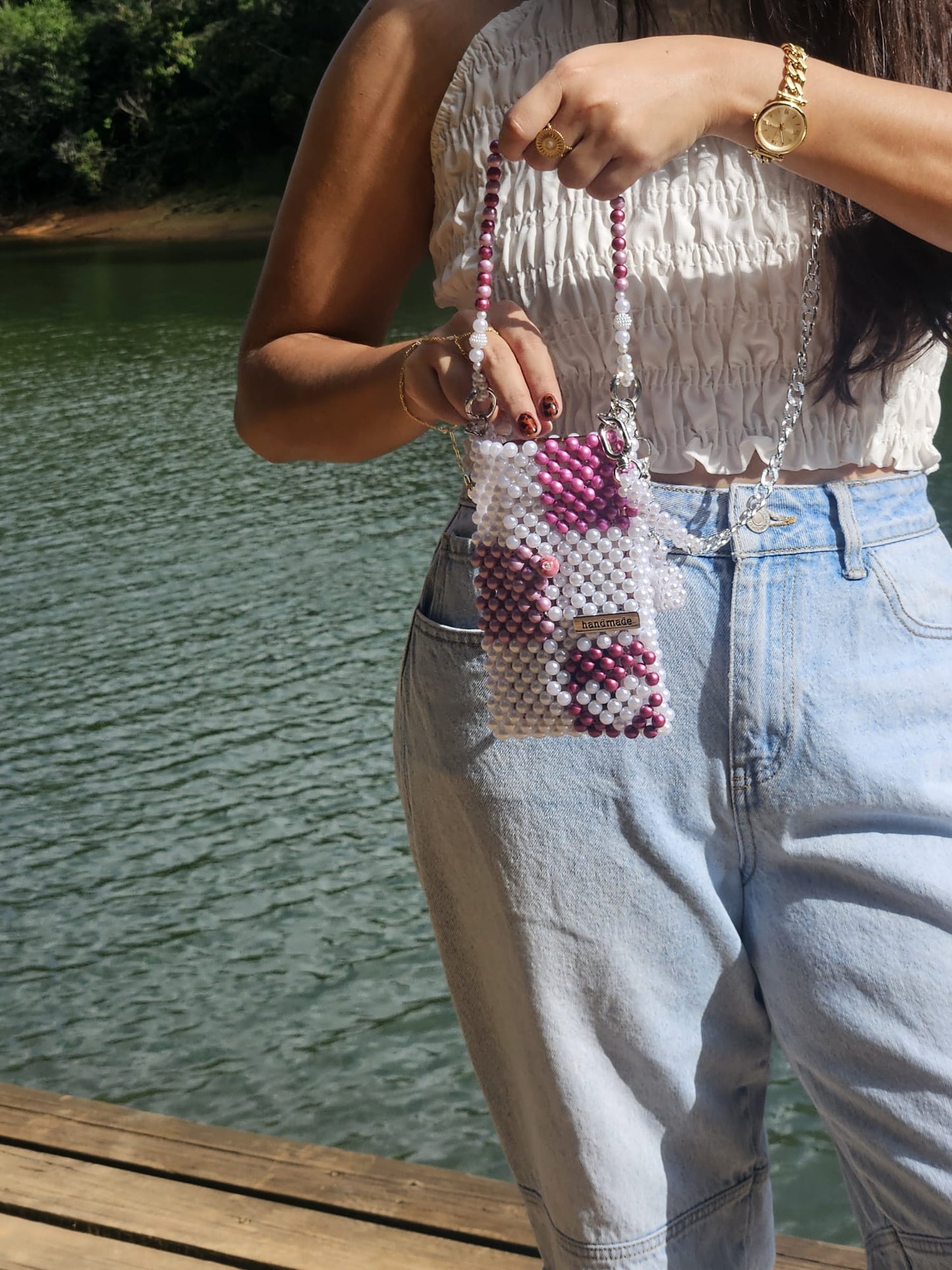 Cartera en Perlas: Cuadros Rosas