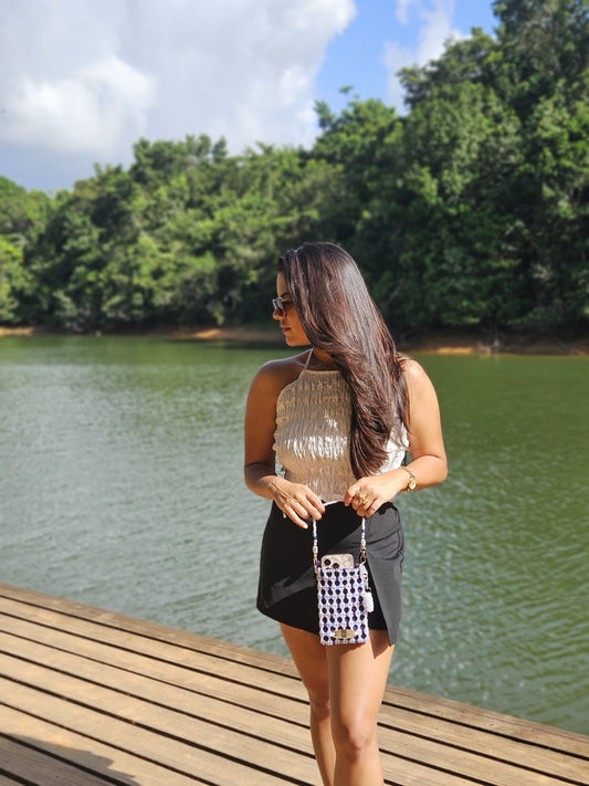 Cartera en Perlas: Azul y Blanca
