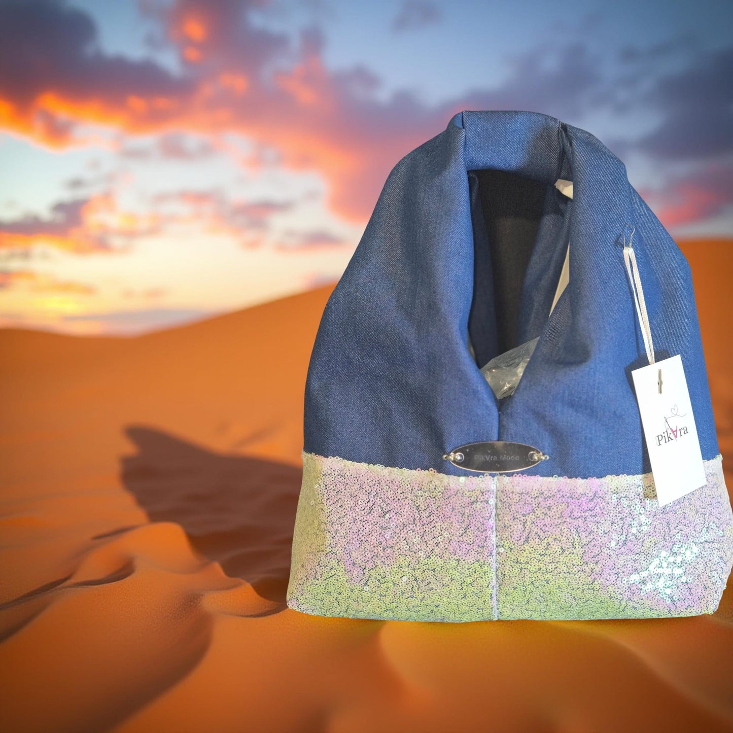 Bolso en tela de mahón y lentejuelas tornasol